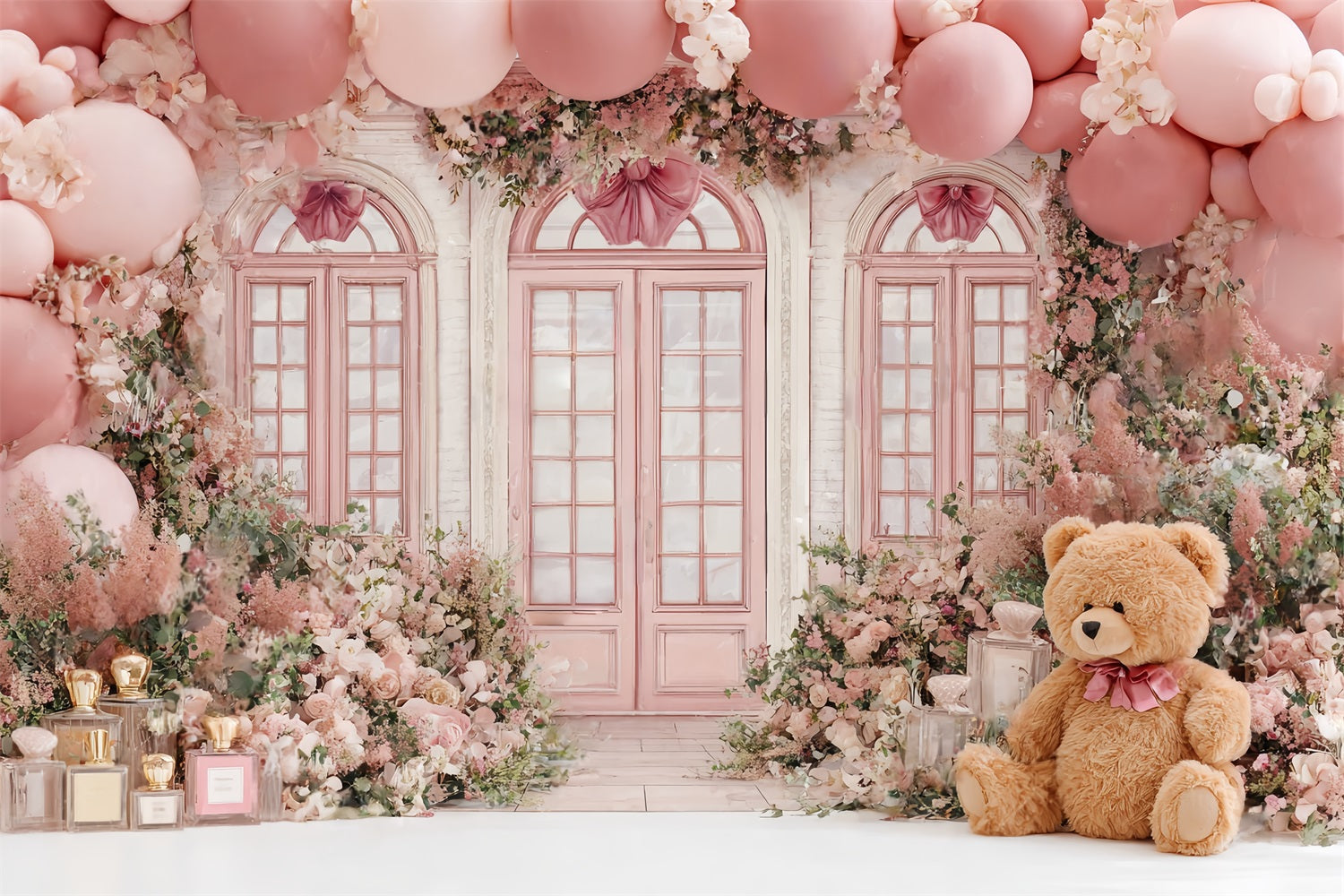Kinder Fotohintergrund Süßer rosa Teddy mit Blumenballons CSH58-241