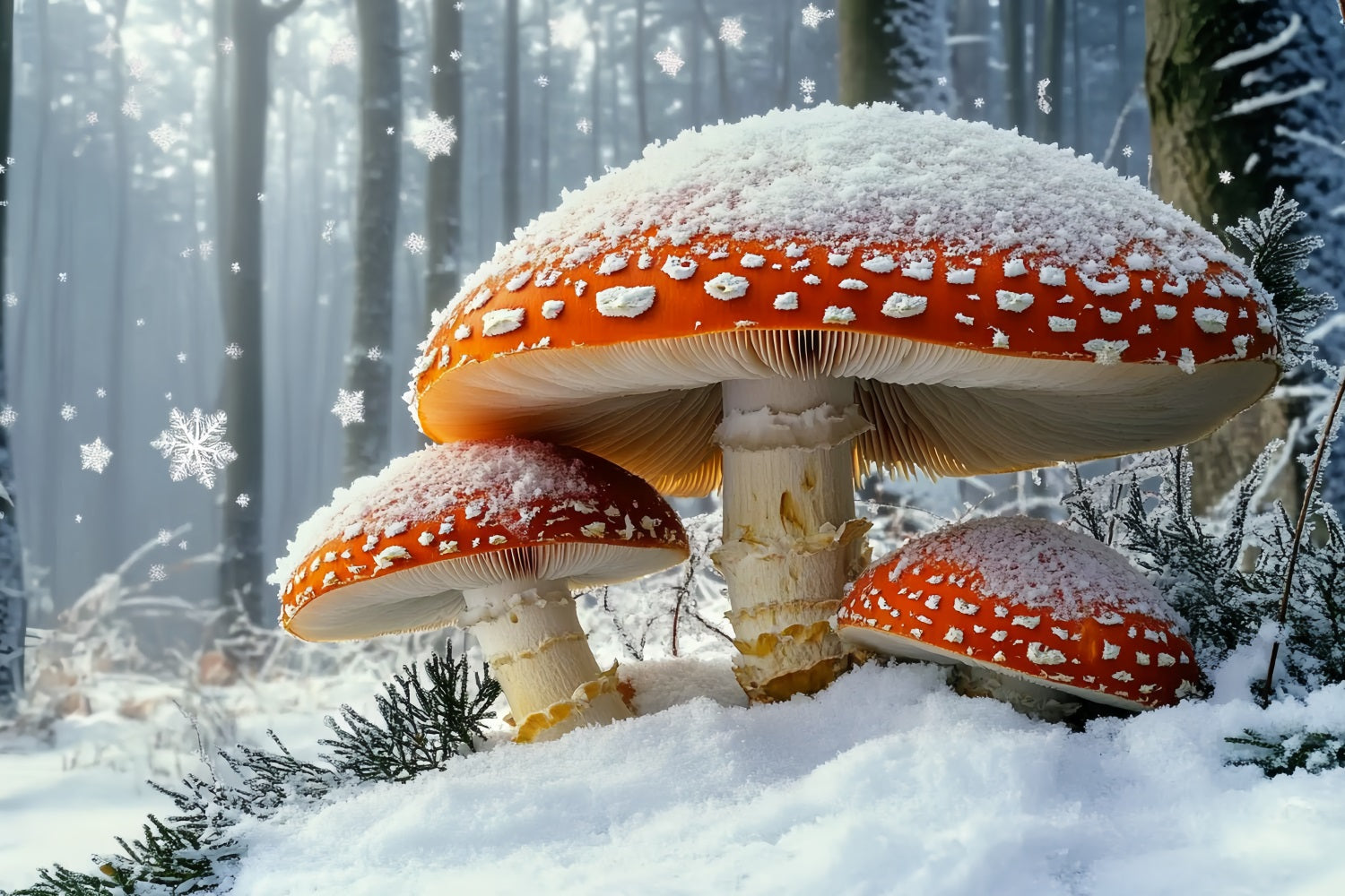 Natur Fotohintergrund Winter Märchen Schneefall Riesiger roter Pilz Winter Fotokulissen CSH58-43
