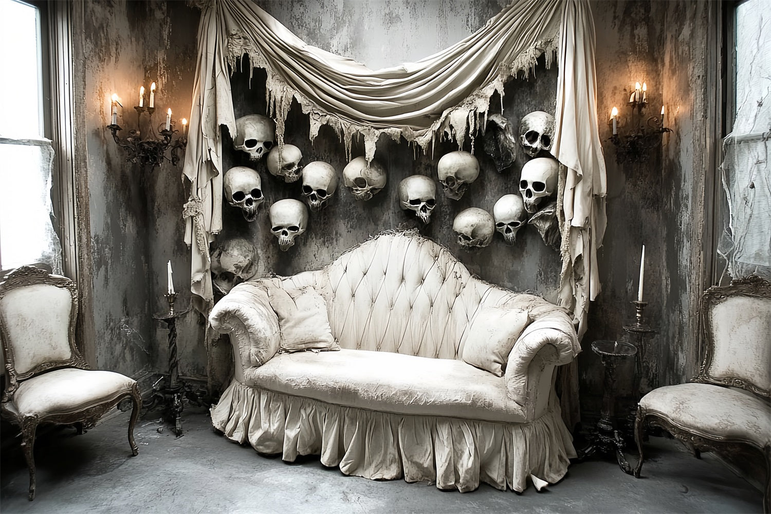 Spooky Backdrop Viktorianisches Sofa Totenkopf Wand Halloween Fotografie Fotohintergrund CSH58-57