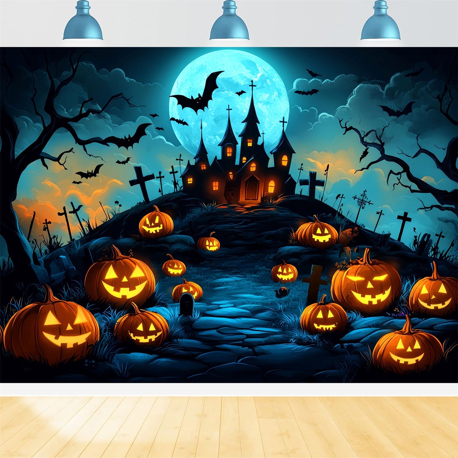 MondFotohintergrund Kürbishügel Spukschloss Halloween Backdrop Ideen CSH58-70