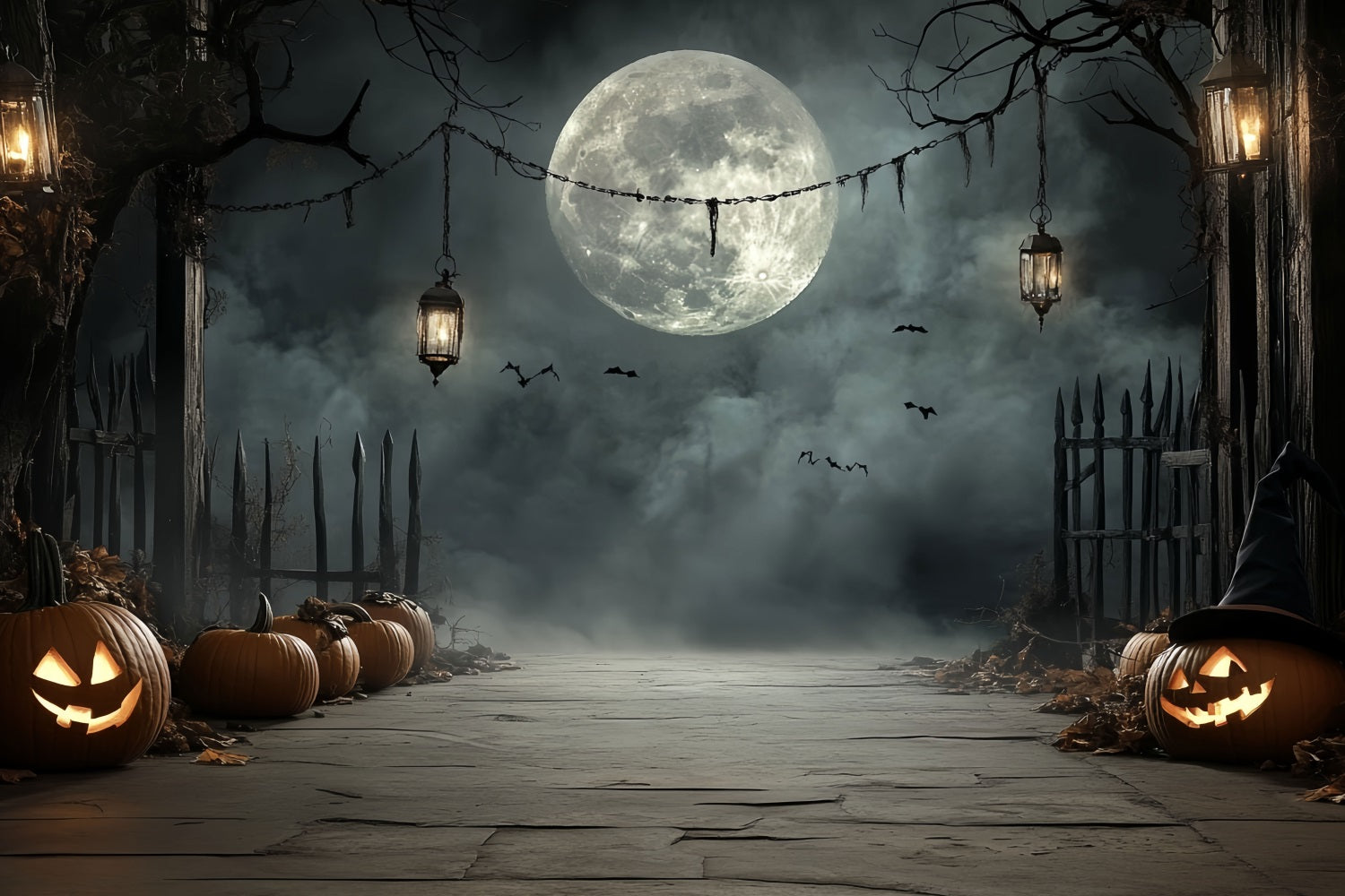 MondFotohintergrund Kürbislaterne mondbeschienener Pfad Halloween-Fotohintergrundideen CSH58-72