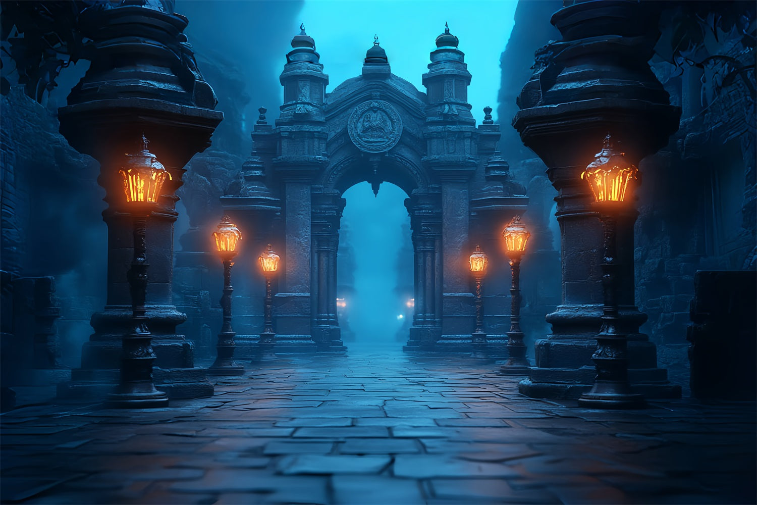 Dunkle Kulisse Neblige Laterne Bogengang Pfad Halloween Kulissen CSH58-75