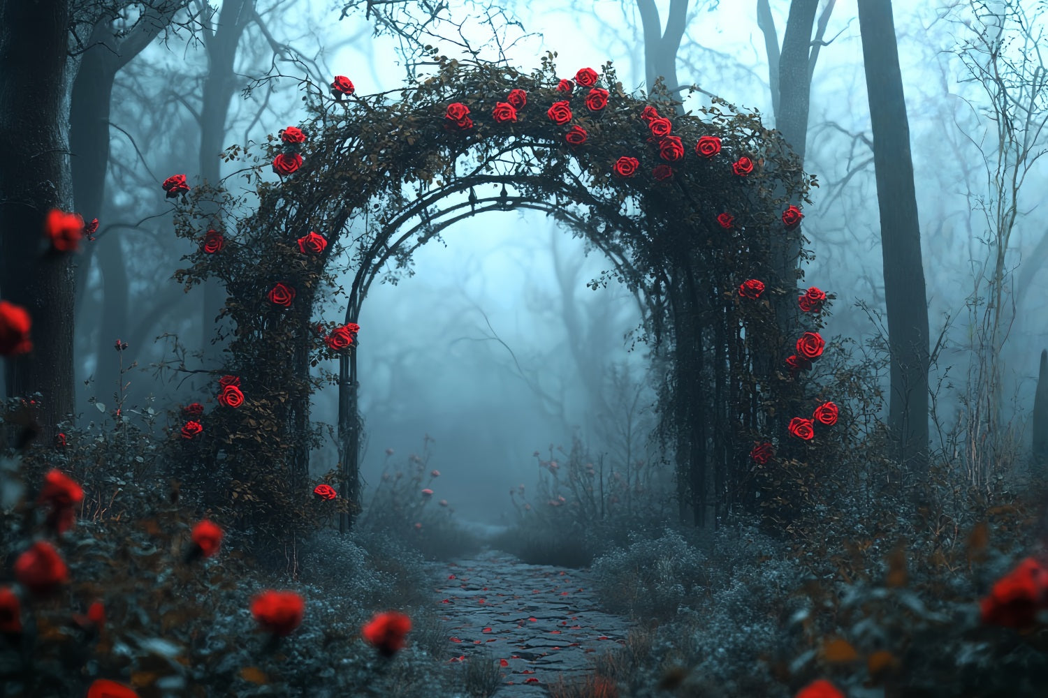 Dunkle Fotohintergrundkulisse Rote Rose Gotischer Torbogen Halloween Fotokulissen CSH58-80