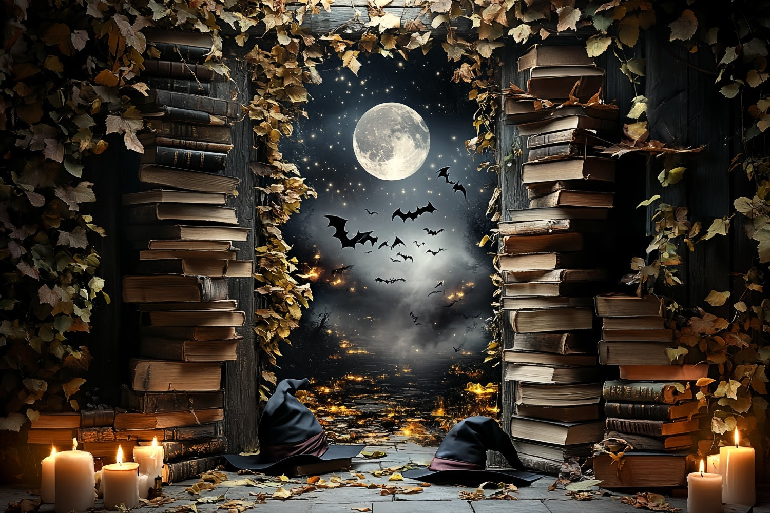 Nachthimmel Backdrop Hexenbibliothek mondbeschienene Fledermäuse Halloween Backdrop Ideen CSH58-84