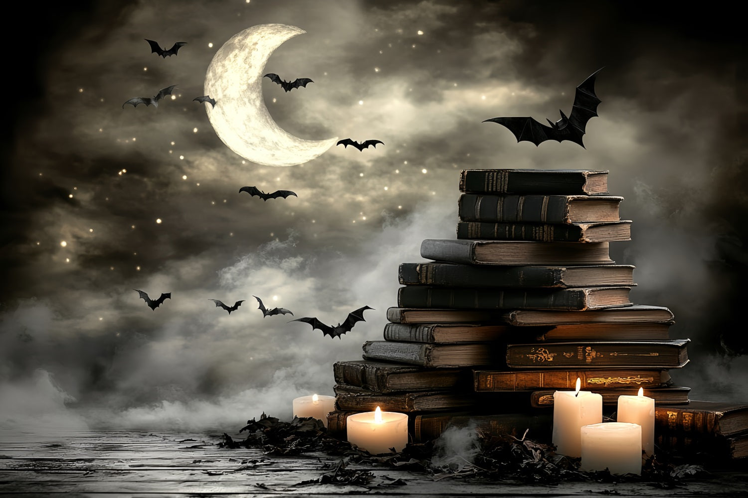 Nachthimmel-Fotohintergrund Mondsichel Fledermäuse Bücher Kerzen Halloween-Fotohintergrundbilder CSH58-86