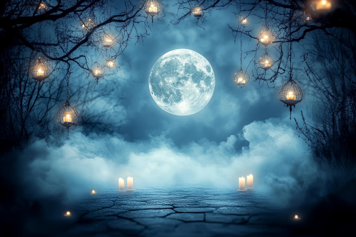 Nacht Himmel Fotohintergrund Vollmond Nebel Laterne Kerzen Halloween Studio Hintergrund CSH58-87
