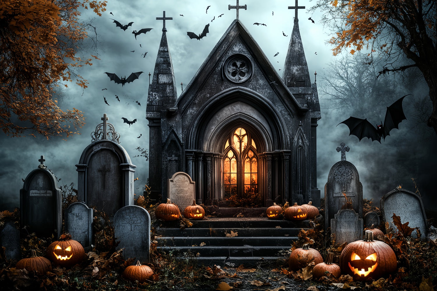 Friedhof Backdrop Gothic Kirche Kürbisse Fledermäuse Grabsteine Halloween Studio Hintergrund CSH58-89