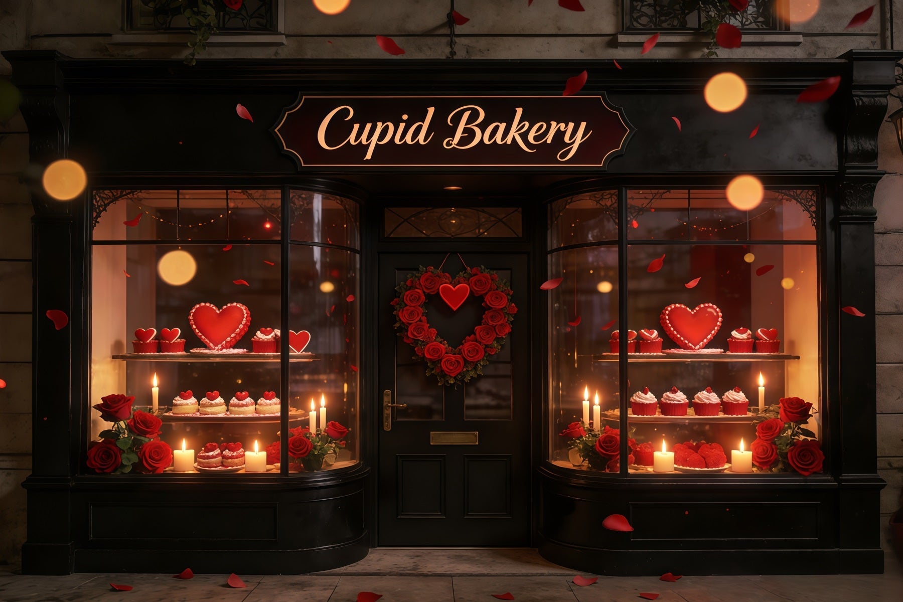Cupido-Valentinstag-Hintergrund Cupcake-Bäckerei-Schaufensterauslage Valentinstag-Hintergründe CSH61-100