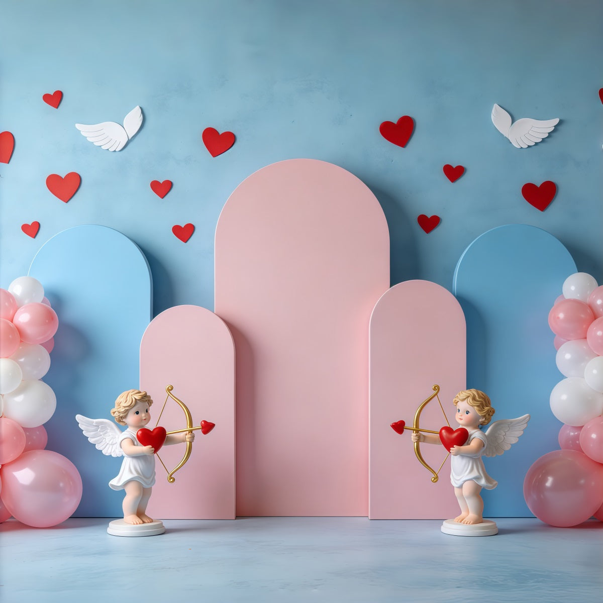 Cupido-Valentinstag-Hintergrund Pastellfarbene Ballonbögen Valentinstag-Hintergründe für Fotos CSH61-111