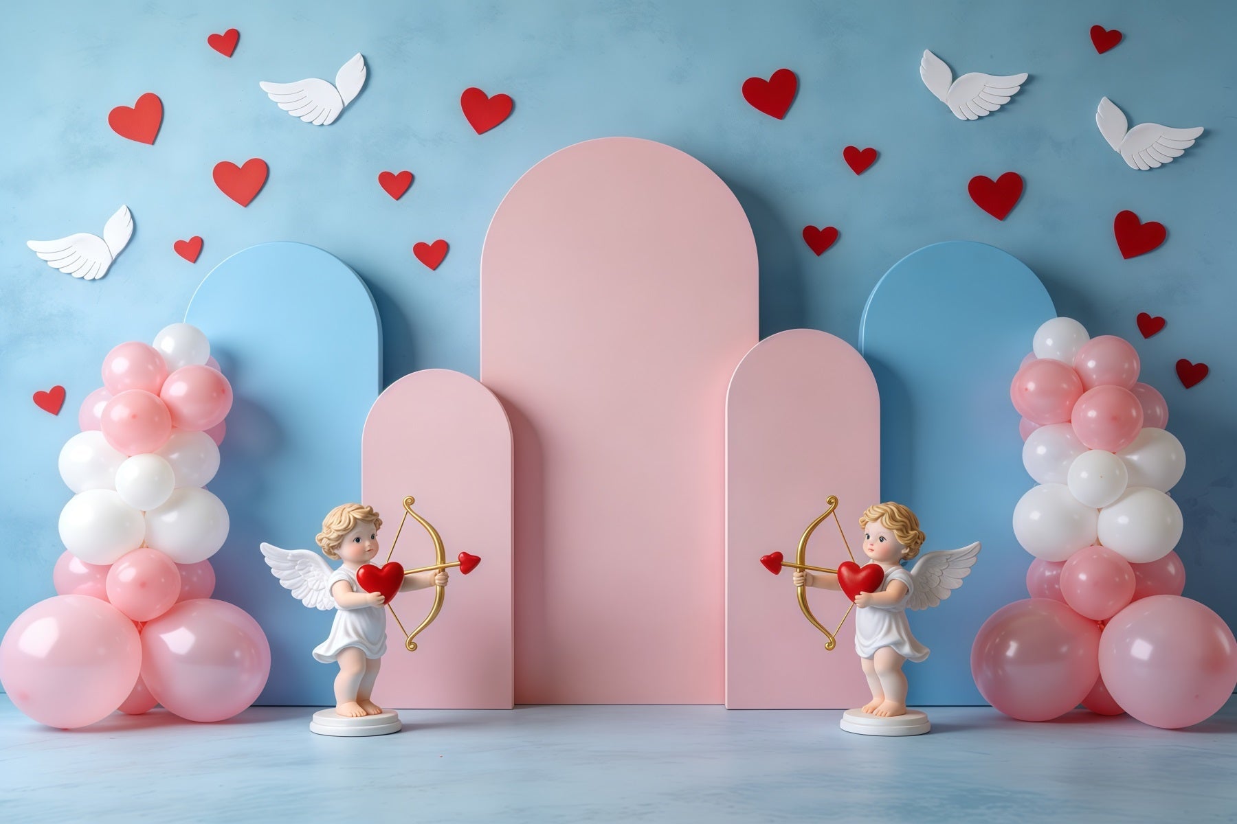 Cupido-Valentinstag-Hintergrund Pastellfarbene Ballonbögen Valentinstag-Hintergründe für Fotos CSH61-111