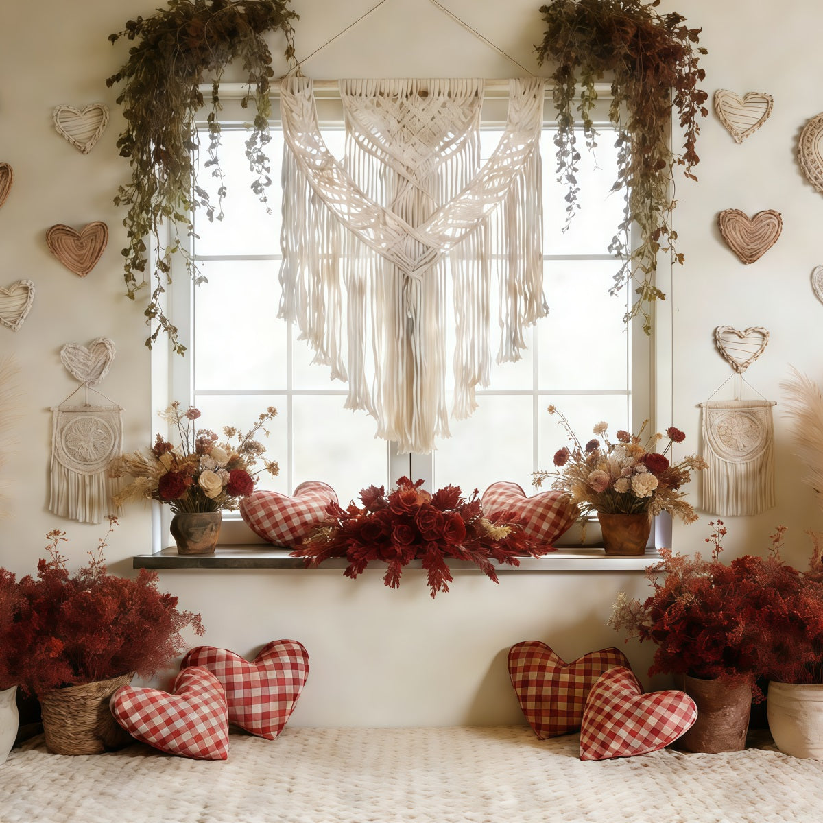 Boho-Blumen-Hintergrund zum Valentinstag Makramee-Herz-Fenster-Hintergrund zum Valentinstag für Fotos CSH61-117