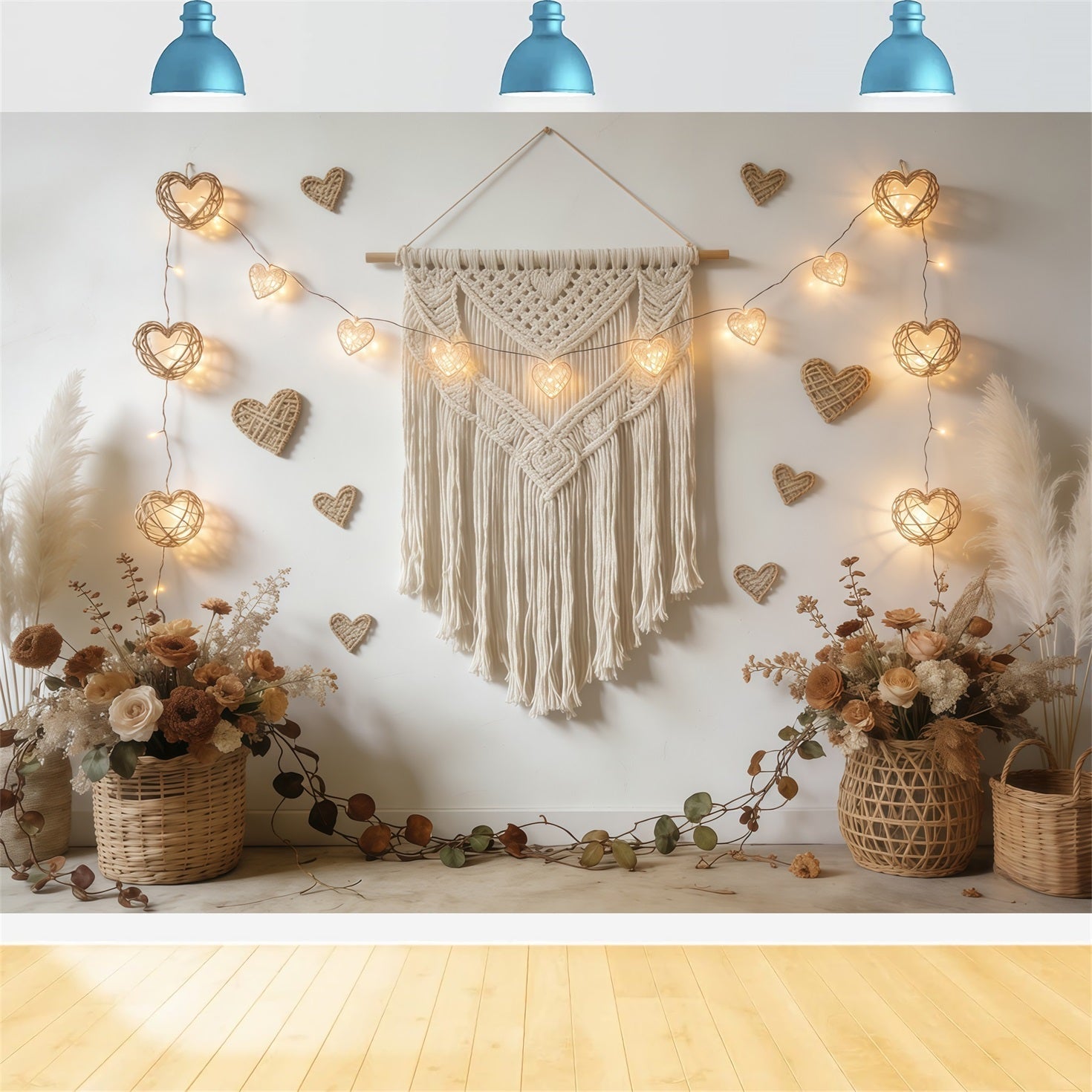 Boho-Blumen-Hintergrund zum Valentinstag Makramee-Herzgirlande Valentinstag-Hintergrund für Fotos CSH61-118