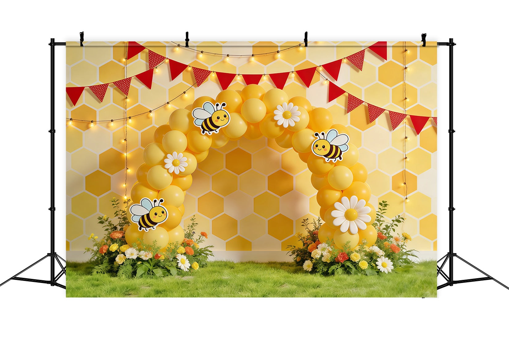 Honigbienen-Hintergrund Waben-Gänseblümchen-Ballonbogen Fotografie-Hintergründe Frühling CSH61-122