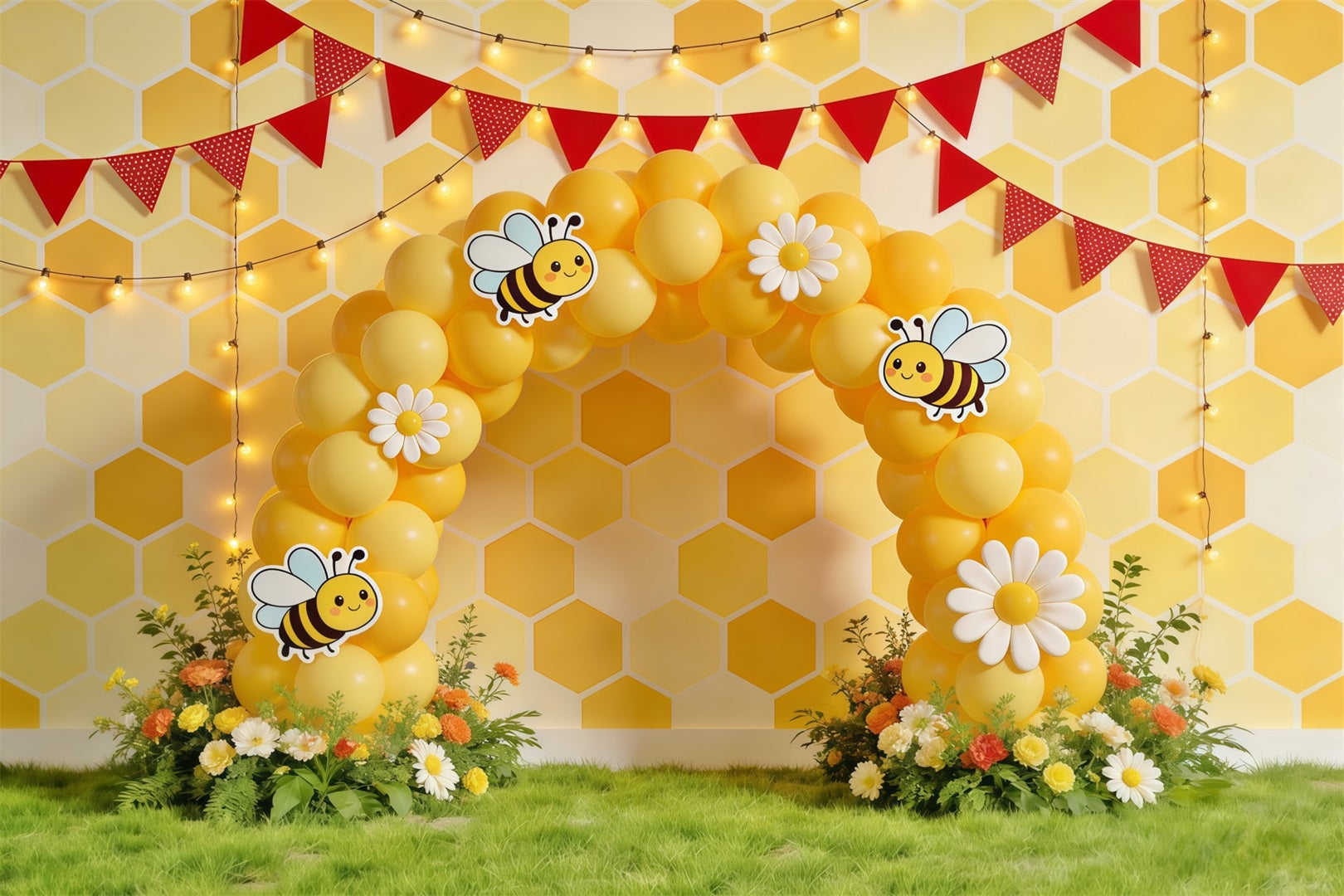 Honigbienen-Hintergrund Waben-Gänseblümchen-Ballonbogen Fotografie-Hintergründe Frühling CSH61-122
