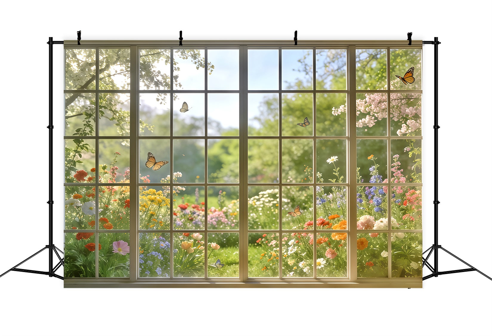 Frühlingsgarten-Hintergrund Sonnenbeschienenes Fenster Schmetterlingsblick-Hintergründe Blumen CSH61-124