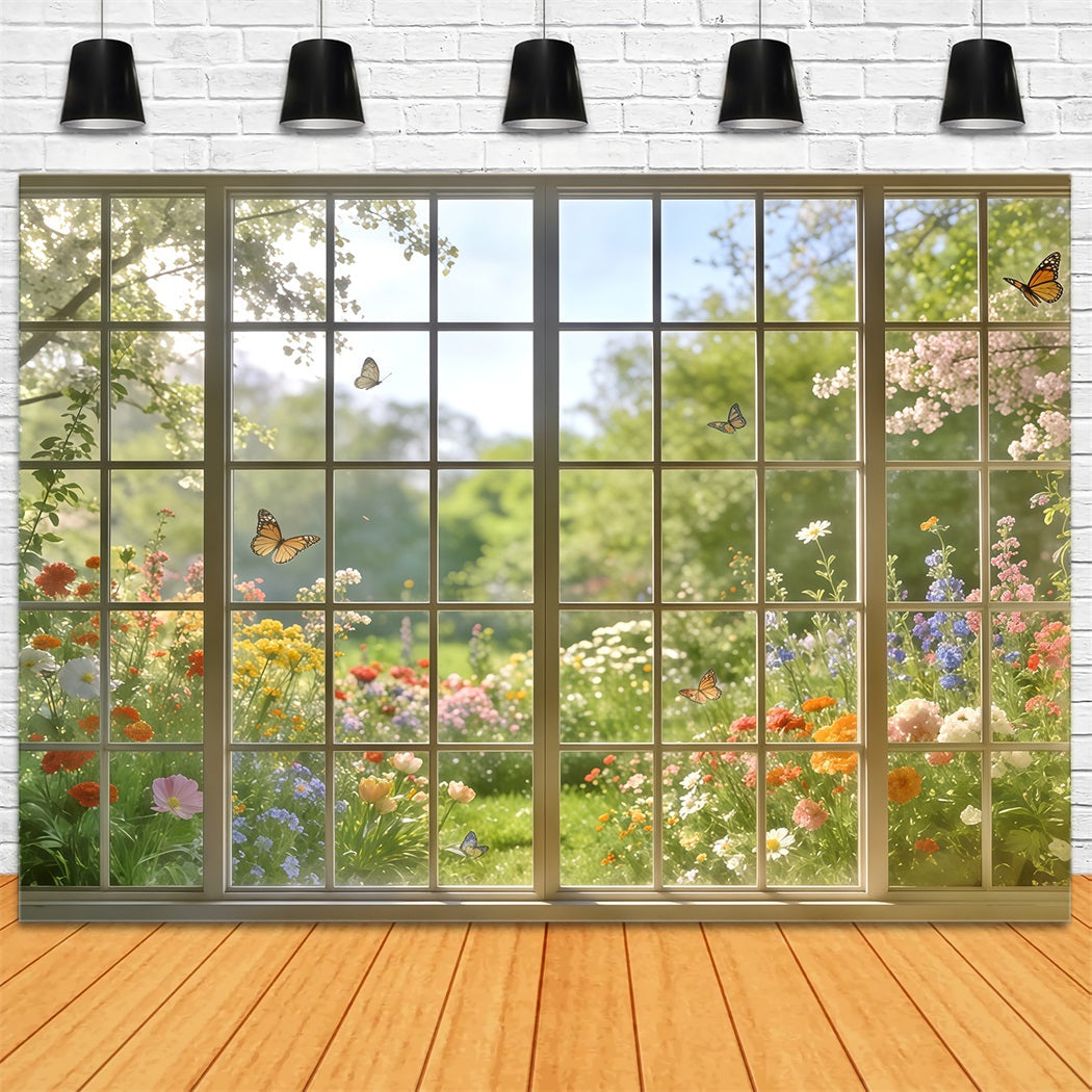 Frühlingsgarten-Hintergrund Sonnenbeschienenes Fenster Schmetterlingsblick-Hintergründe Blumen CSH61-124