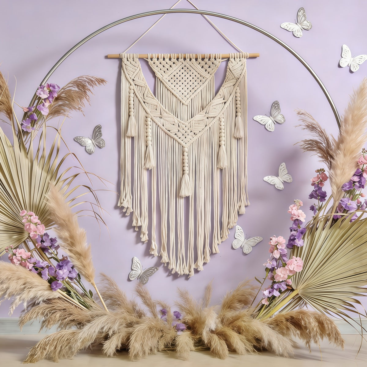 Pampasgras-Wandhintergrund Boho-Makramee-Pampas-Schmetterling Frühlings-Fotoshooting-Hintergrund CSH61-125