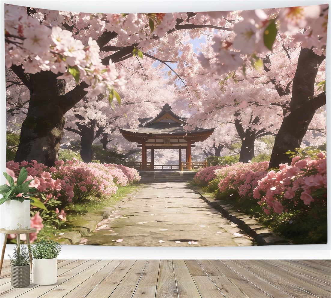 Kirschblütenbaum-Hintergrund Sakura-Weg Ruhiger Pavillon Blumenmuster-Hintergrund CSH61-133
