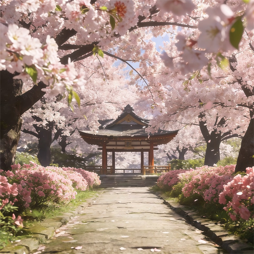 Kirschblütenbaum-Hintergrund Sakura-Weg Ruhiger Pavillon Blumenmuster-Hintergrund CSH61-133