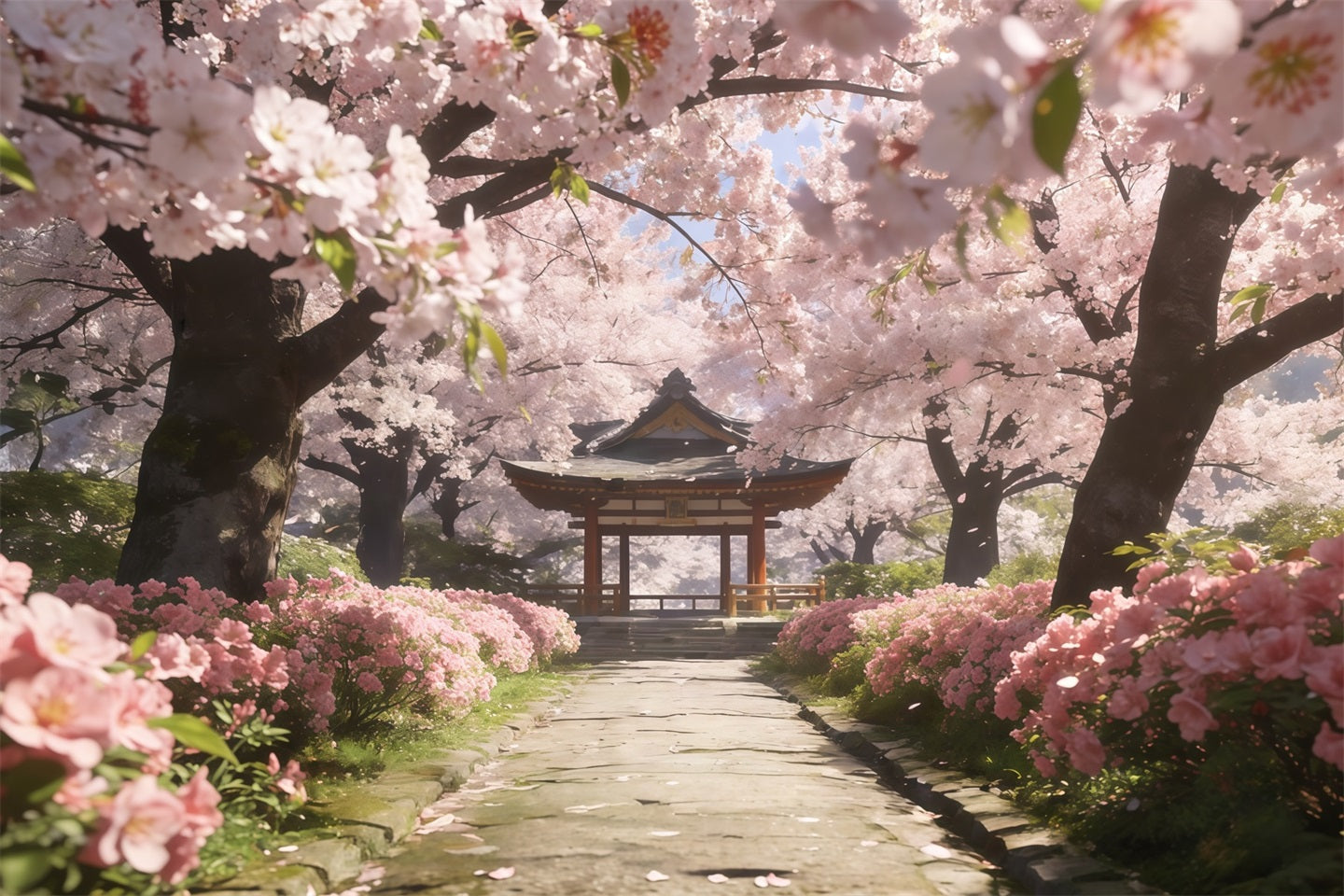 Kirschblütenbaum-Hintergrund Sakura-Weg Ruhiger Pavillon Blumenmuster-Hintergrund CSH61-133