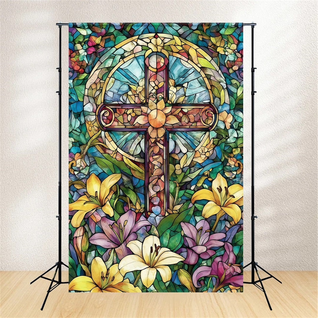 Buntglasfenster-Hintergrund Blumenkreuz Kirche Gotische Osterhintergründe CSH61-14
