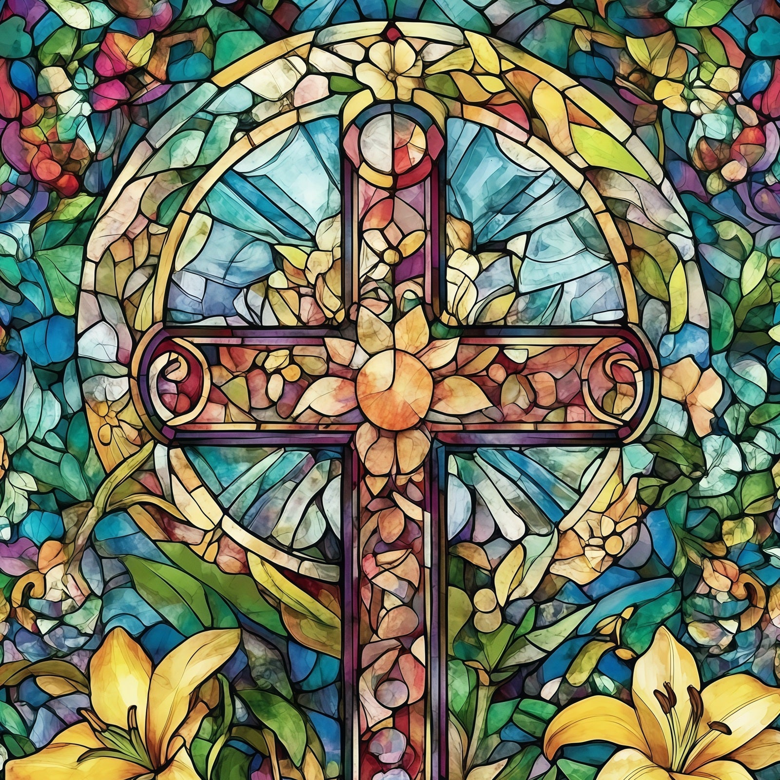 Buntglasfenster-Hintergrund Blumenkreuz Kirche Gotische Osterhintergründe CSH61-14