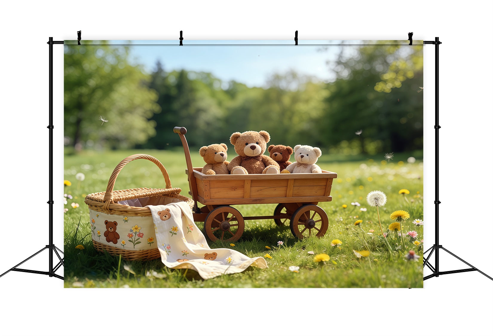 Picknick-Hintergründe Teddybär-Wagen Wiese im Freien DIY-Frühlingshintergrund CSH61-140