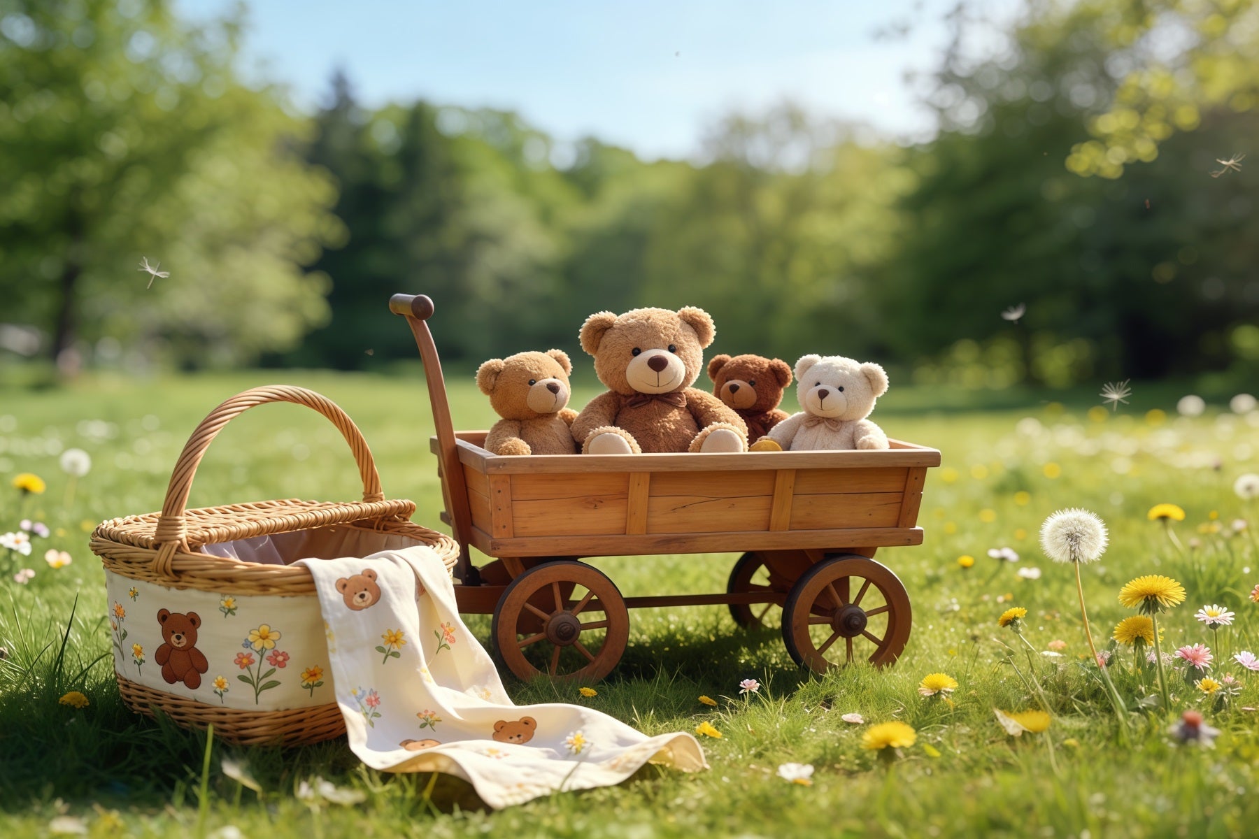 Picknick-Hintergründe Teddybär-Wagen Wiese im Freien DIY-Frühlingshintergrund CSH61-140