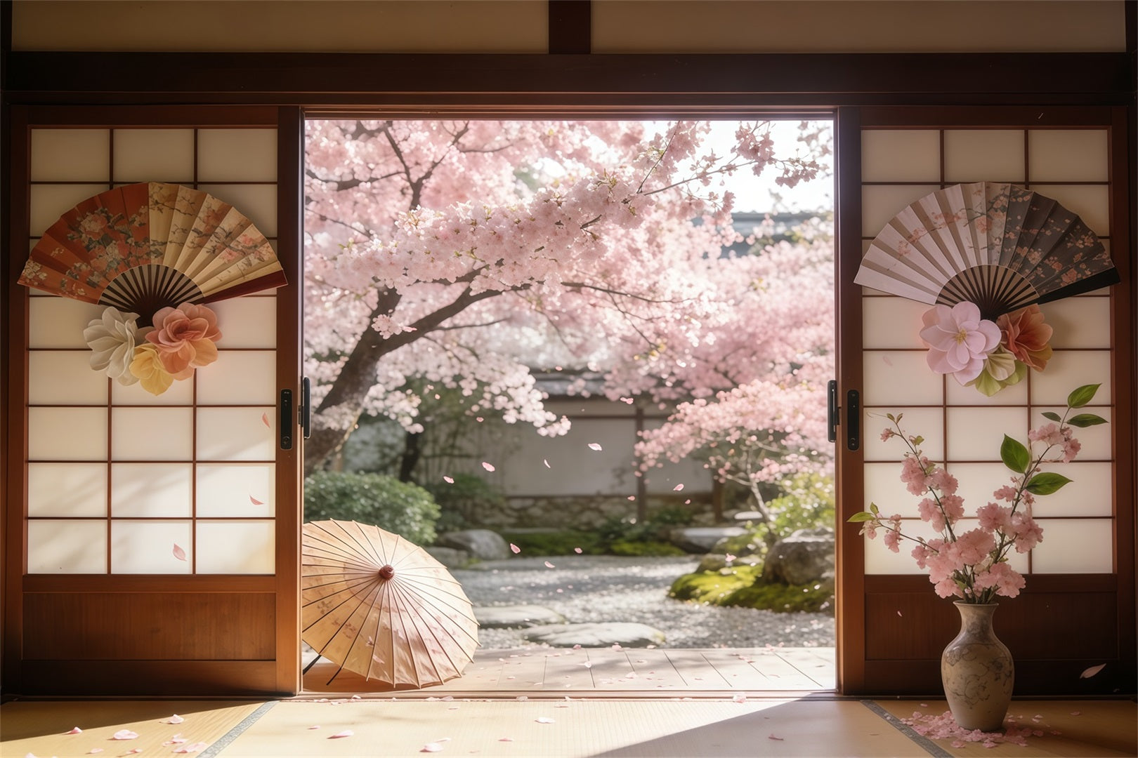 Hintergrund Kirschblüten Sakura Innenhof Schiebetüren Blumenbildhintergrund CSH61-142
