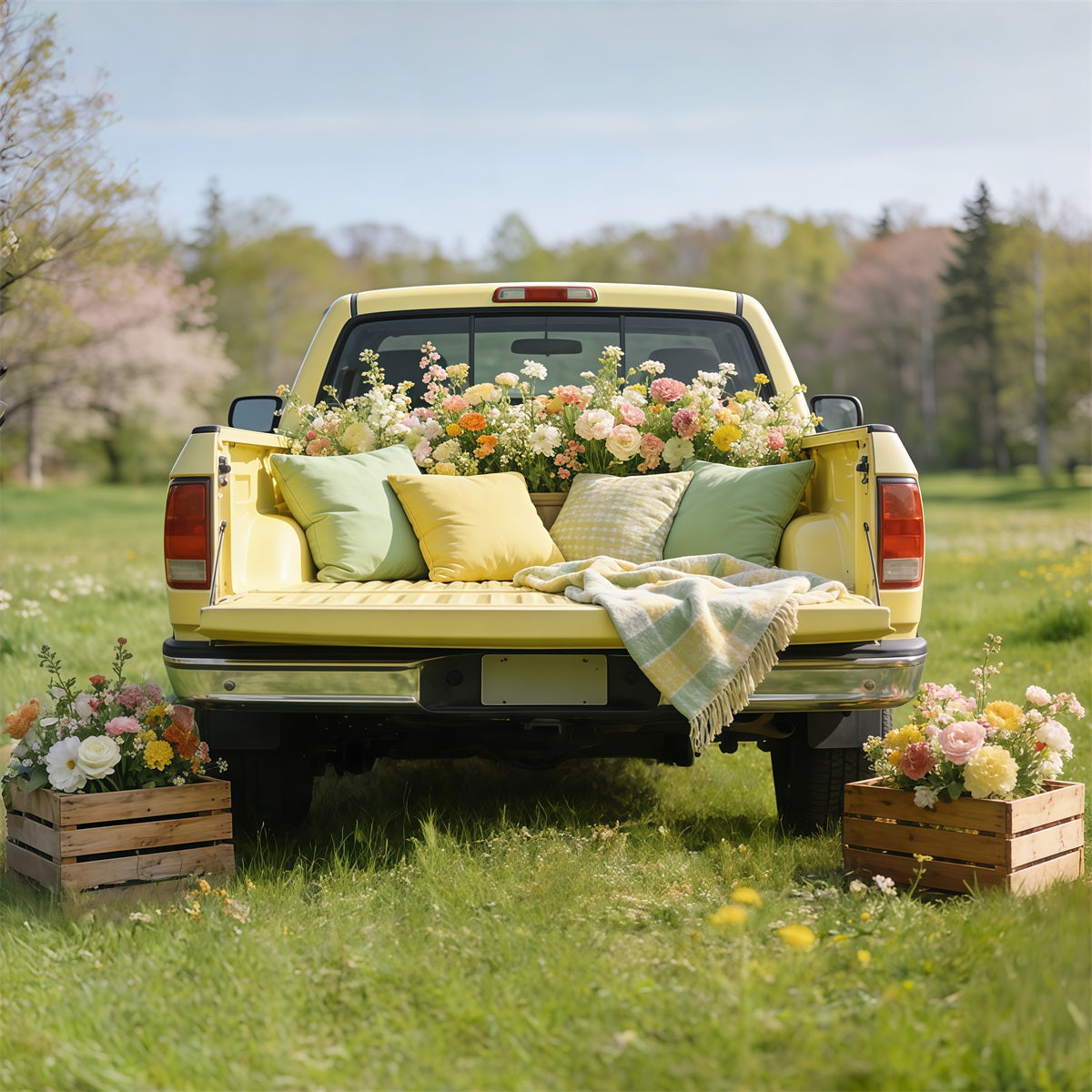 Ideen für Picknick-Hintergründe Vintage Gelber Lastwagen Blüten Günstige Frühlingsfotografie-Hintergründe CSH61-146