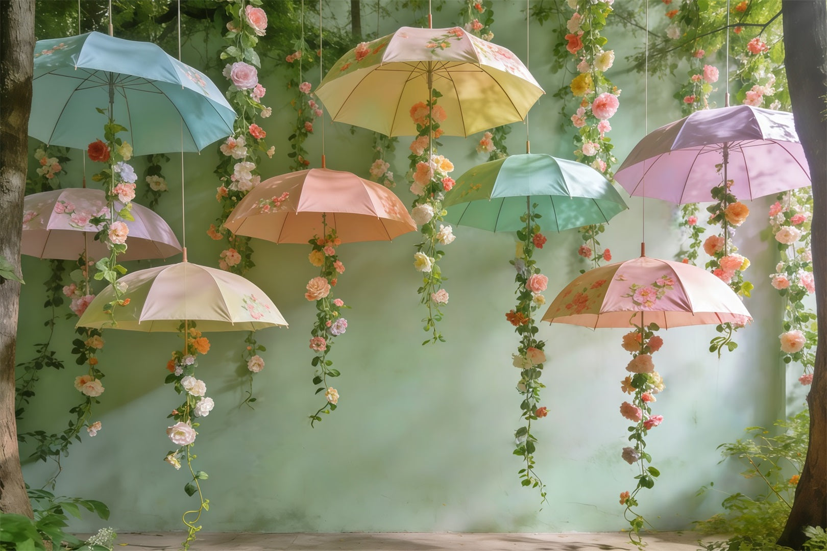 Frühlingsferien-Hintergrund Hängender Regenschirm Blütenbaldachin Frühlingshintergrund CSH61-148