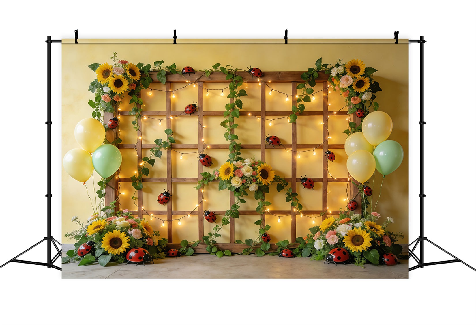 Marienkäfer-Fotohintergrund Sonnenblumen-Spalier Ballonlichter Frühlings-Fotohintergrund CSH61-149