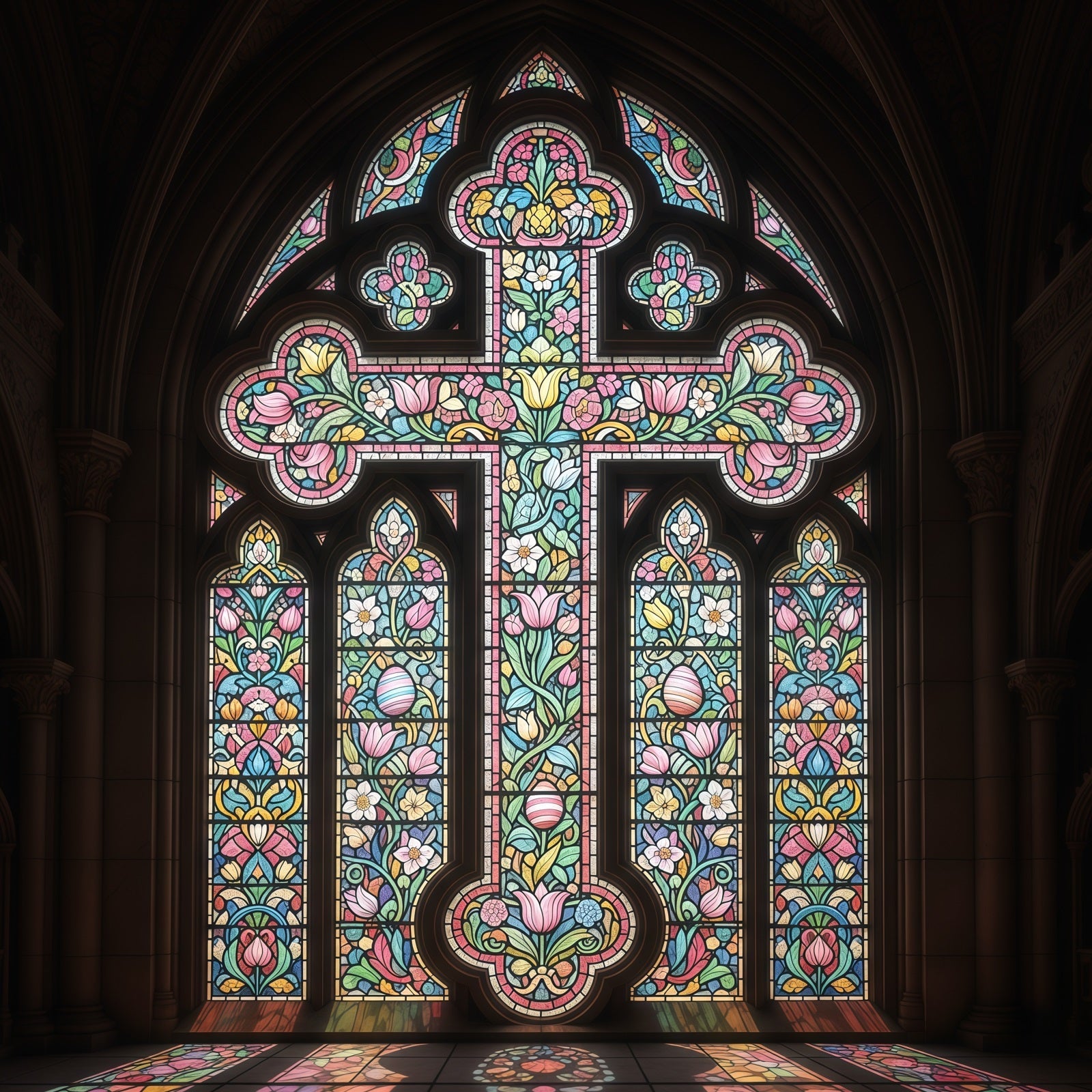 Buntglasfenster-Hintergrund Kathedrale Kreuz Verziert Gotisch Osterhintergründe CSH61-15