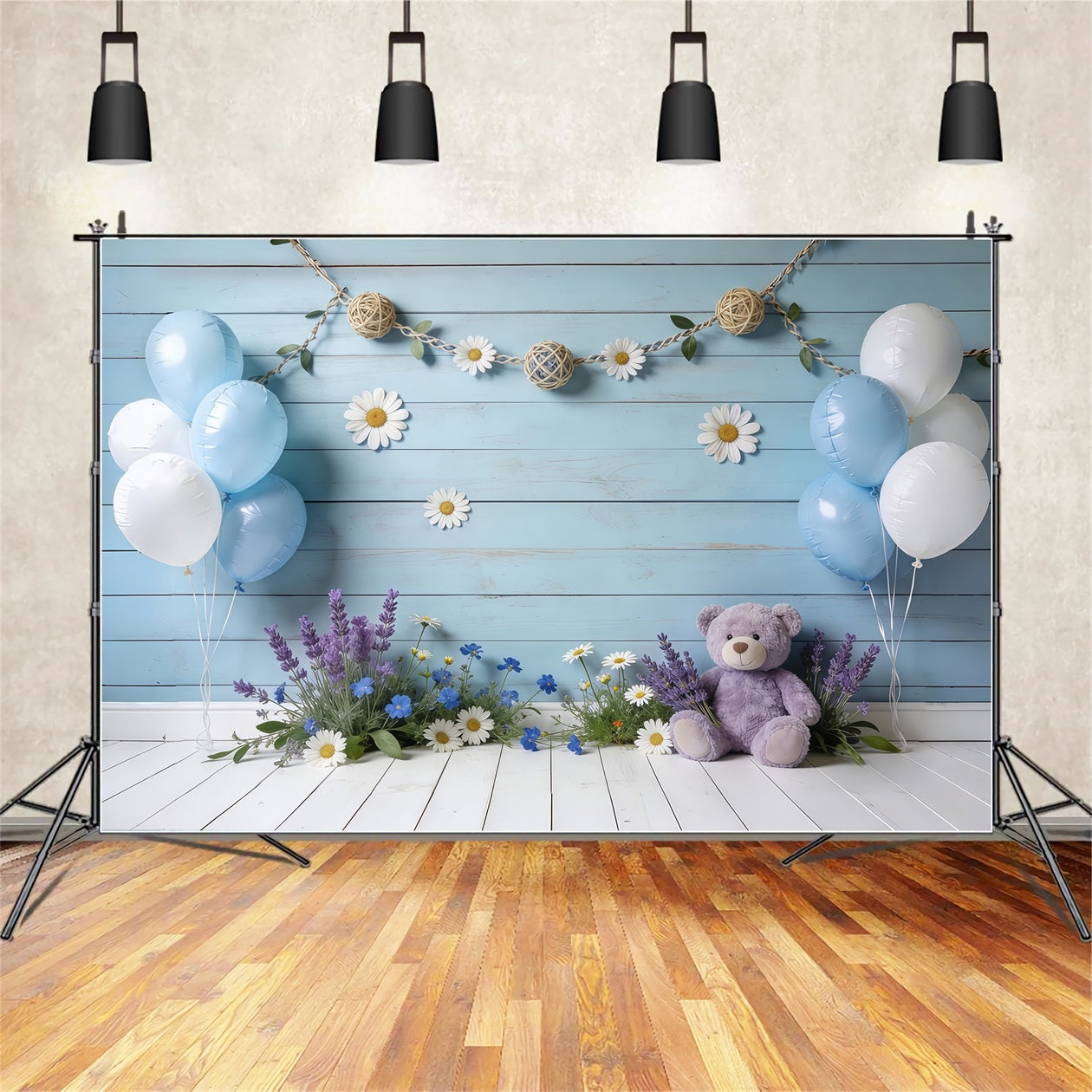 Gänseblümchen-Blumenhintergrund Blaue Holzwand Ballon Teddy Blumenhintergrund für Fotos CSH61-150