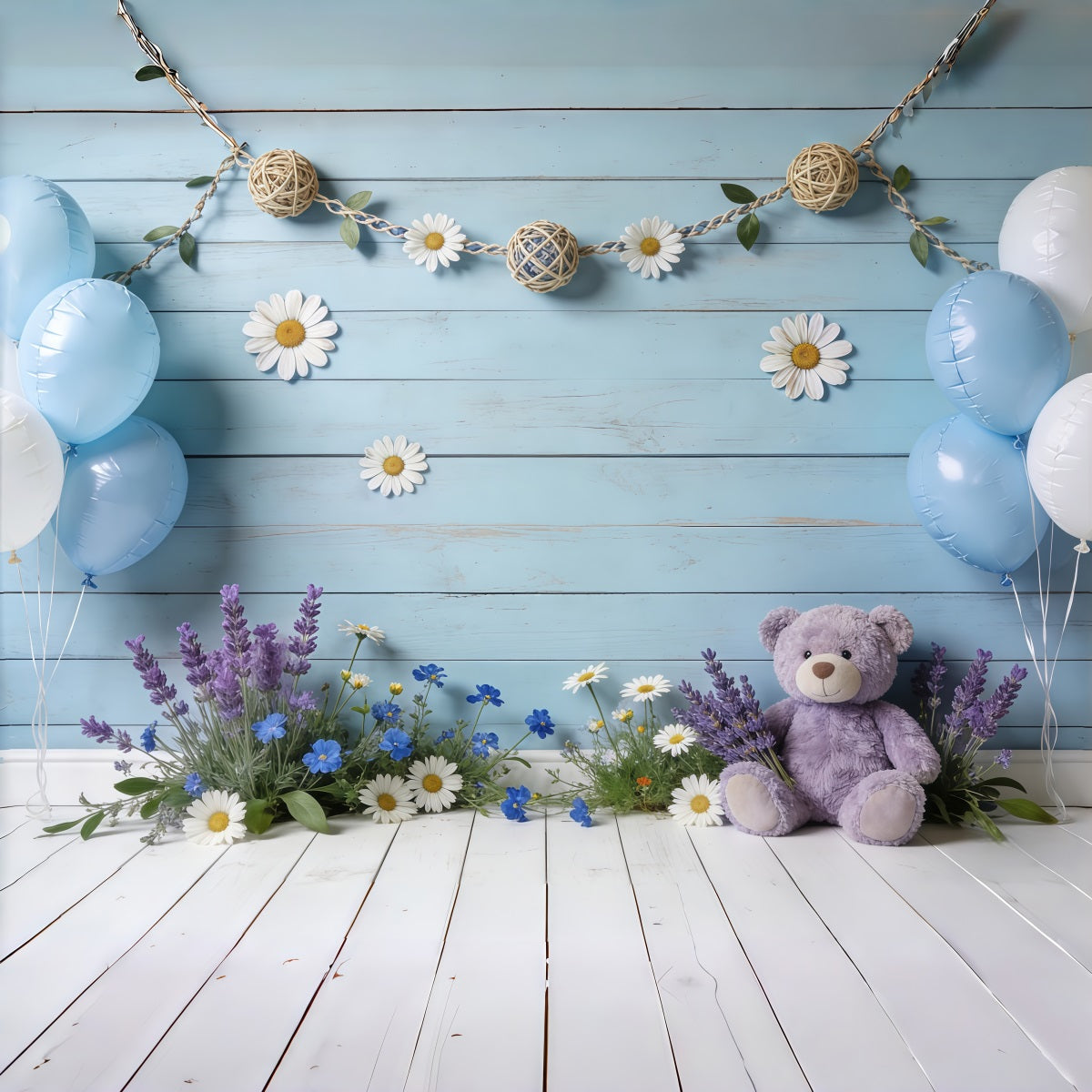 Gänseblümchen-Blumenhintergrund Blaue Holzwand Ballon Teddy Blumenhintergrund für Fotos CSH61-150
