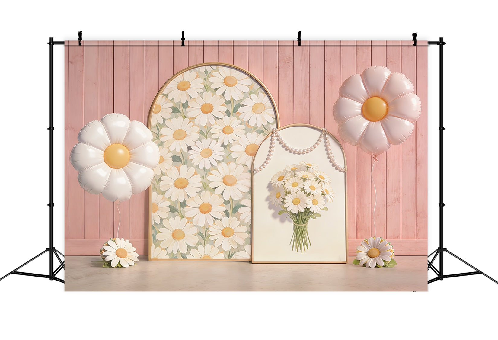Gänseblümchen-Blumenhintergrund Rosa Holzwand Bogen Ballon Blumenhintergrund für Fotos CSH61-151
