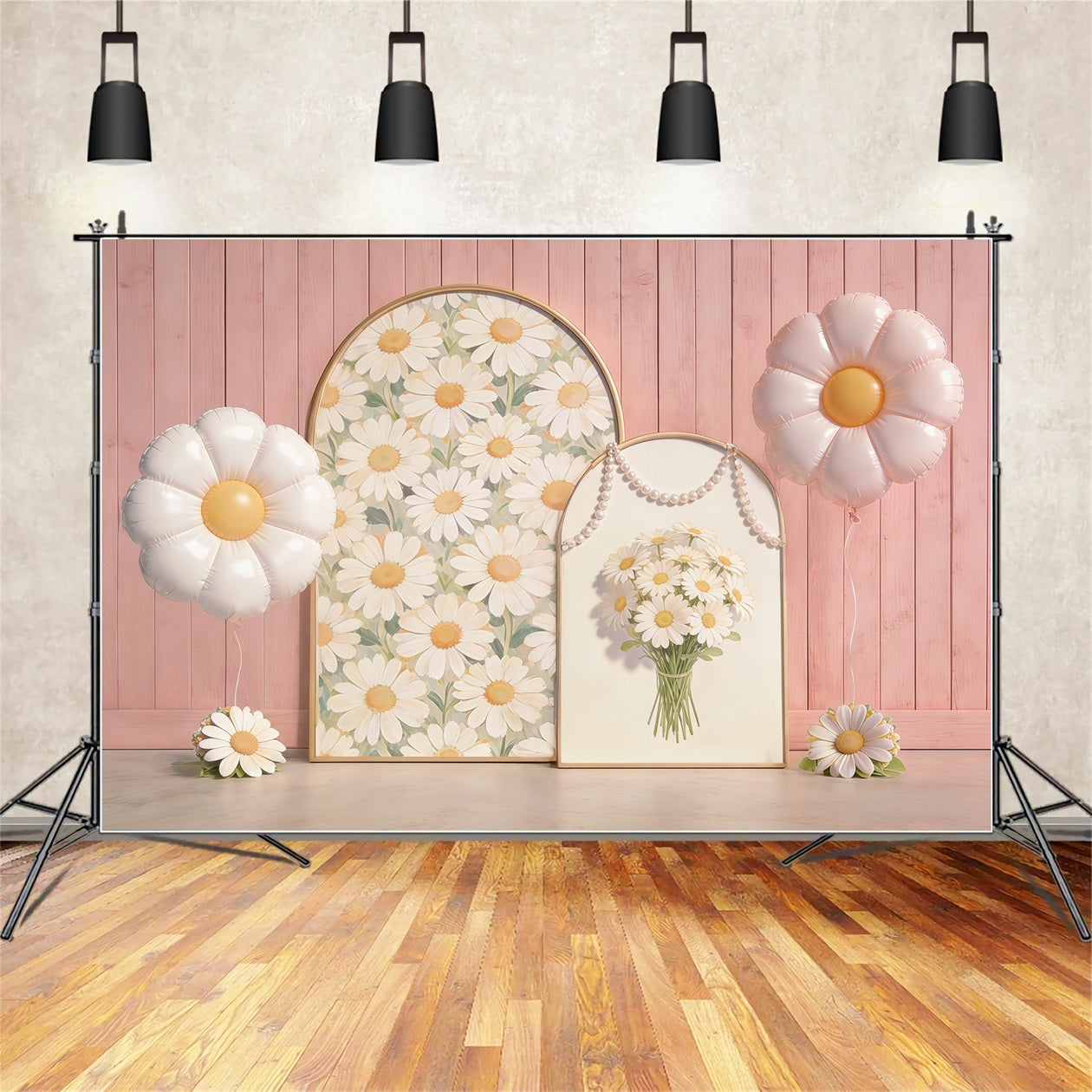 Gänseblümchen-Blumenhintergrund Rosa Holzwand Bogen Ballon Blumenhintergrund für Fotos CSH61-151