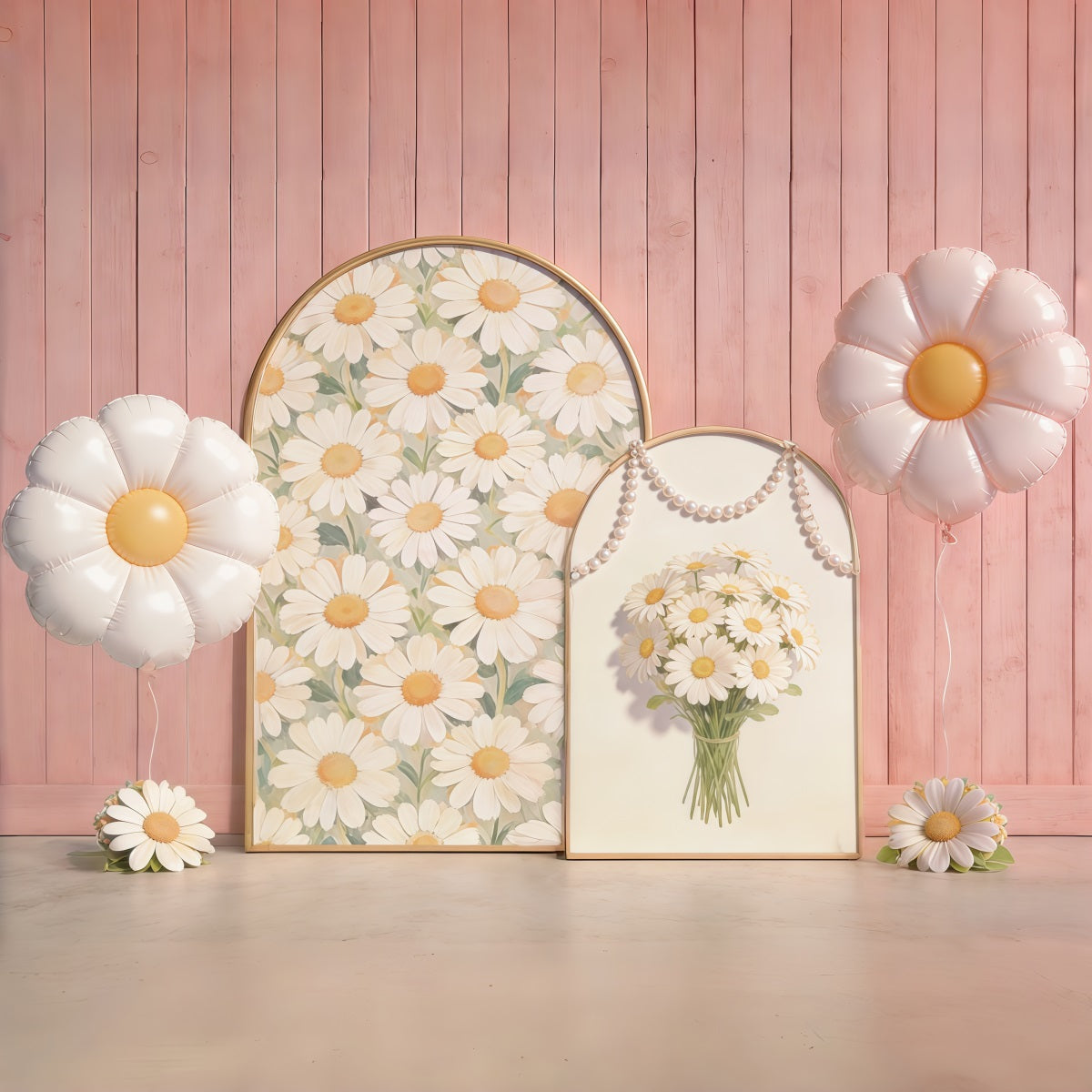 Gänseblümchen-Blumenhintergrund Rosa Holzwand Bogen Ballon Blumenhintergrund für Fotos CSH61-151