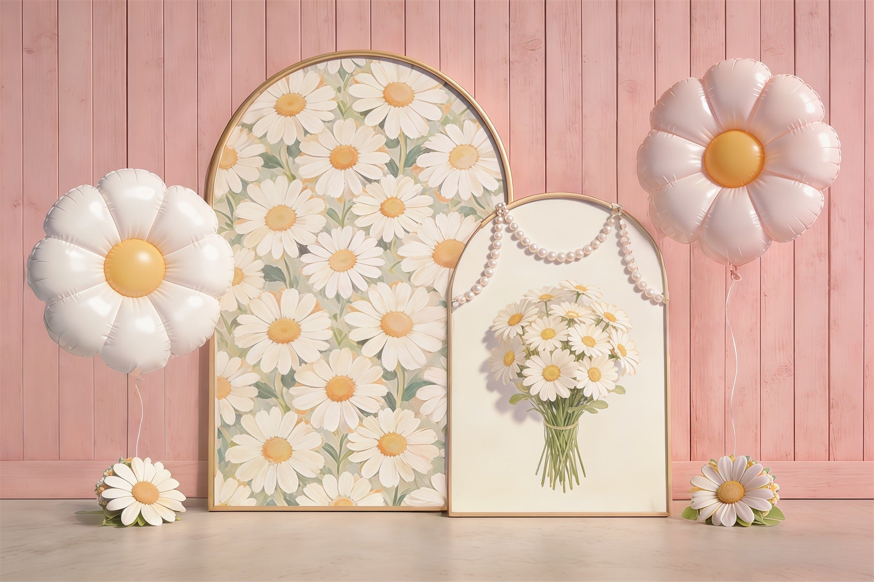 Gänseblümchen-Blumenhintergrund Rosa Holzwand Bogen Ballon Blumenhintergrund für Fotos CSH61-151