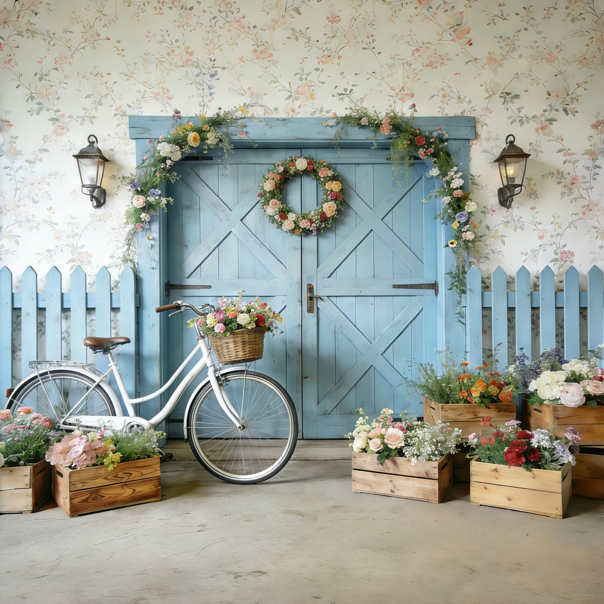 Fahrrad-Hintergrund Blaue Scheunentür Fahrrad Blüten Frühlingshintergründe CSH61-152