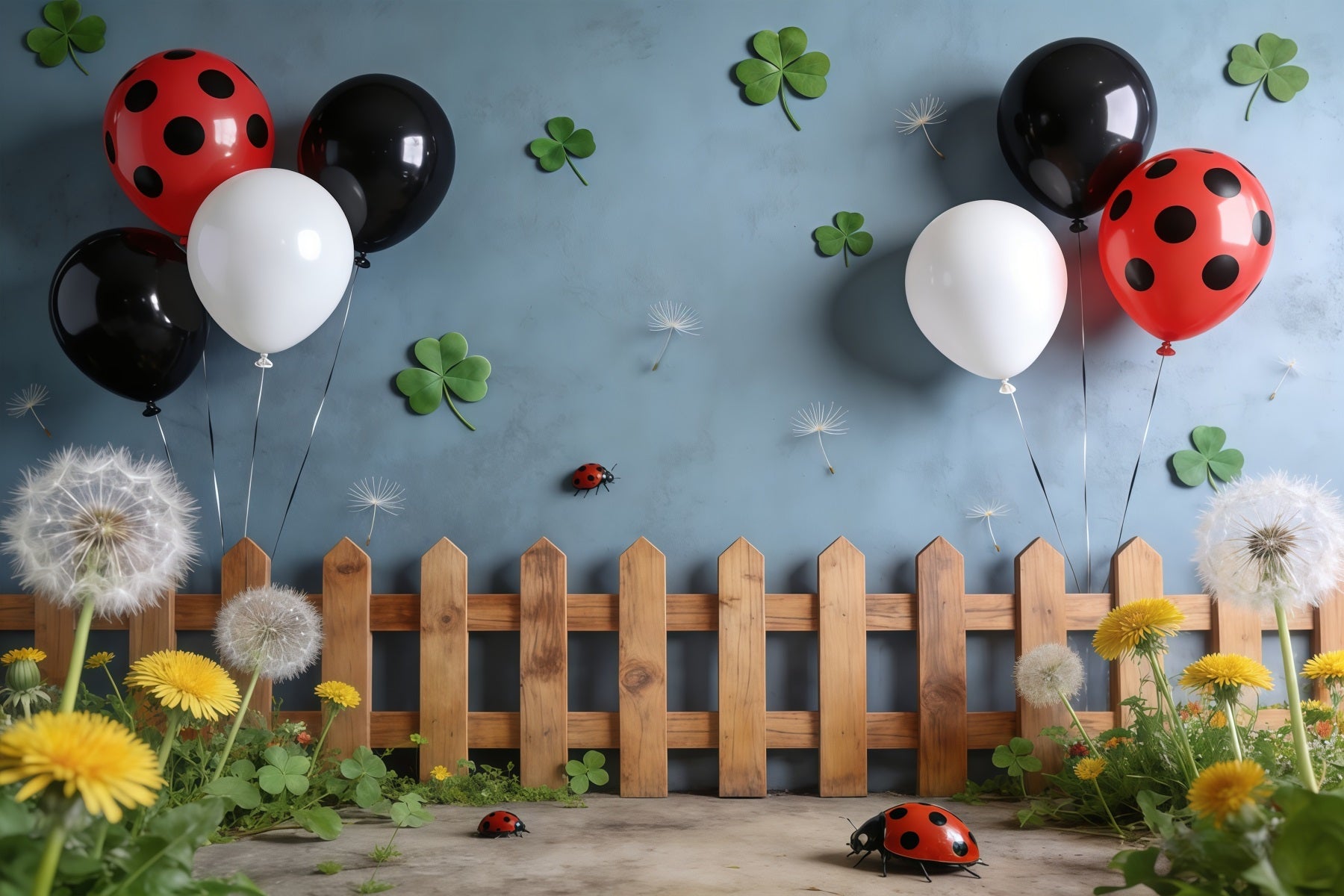 Marienkäfer-Hintergründe Klee-Ballon-Zaun Löwenzahn-Frühlingshintergrund-Ideen CSH61-156