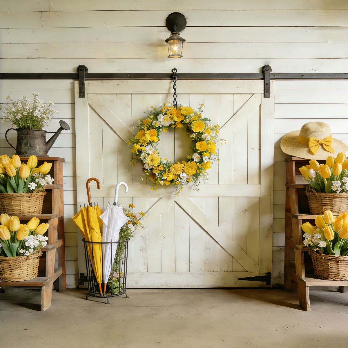 Frühlingshintergrund mit Scheunentor, gelben Tulpen und Scheunentor, Ideen für Frühlingsfotohintergründe CSH61-163
