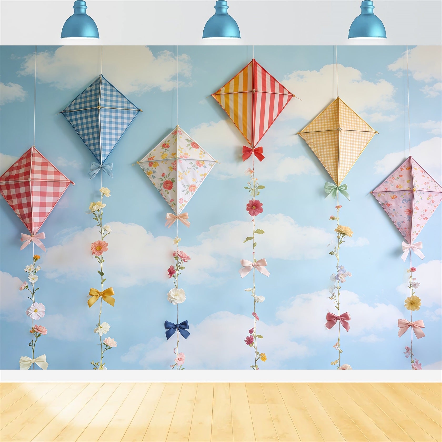 Frühlingsdrachen-Hintergrund Himmel Wolken Pastellfarbener Bogen Blumen Frühlingsfotografie-Hintergrund CSH61-165