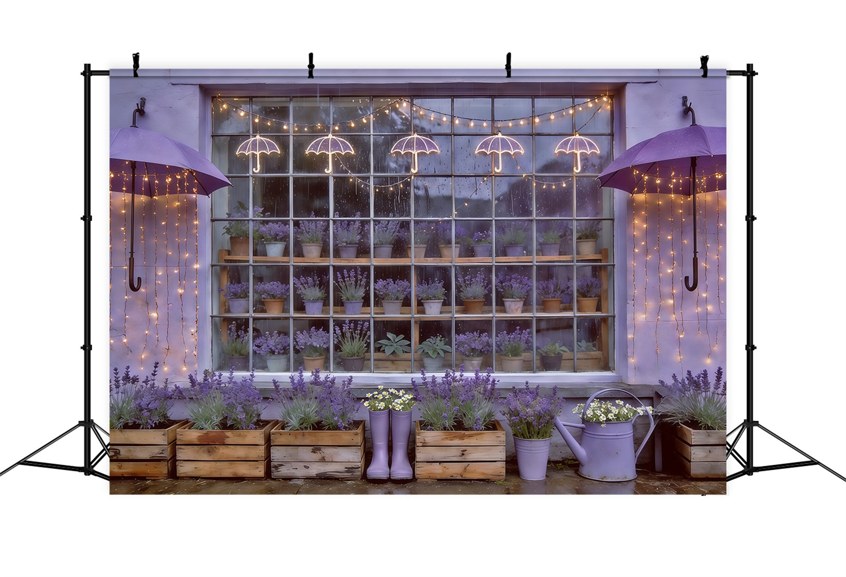 Frühlingsregenschirm und Gummistiefel-Hintergrund Lavendelgarten Fensterlichter Frühlingshintergrund CSH61-166