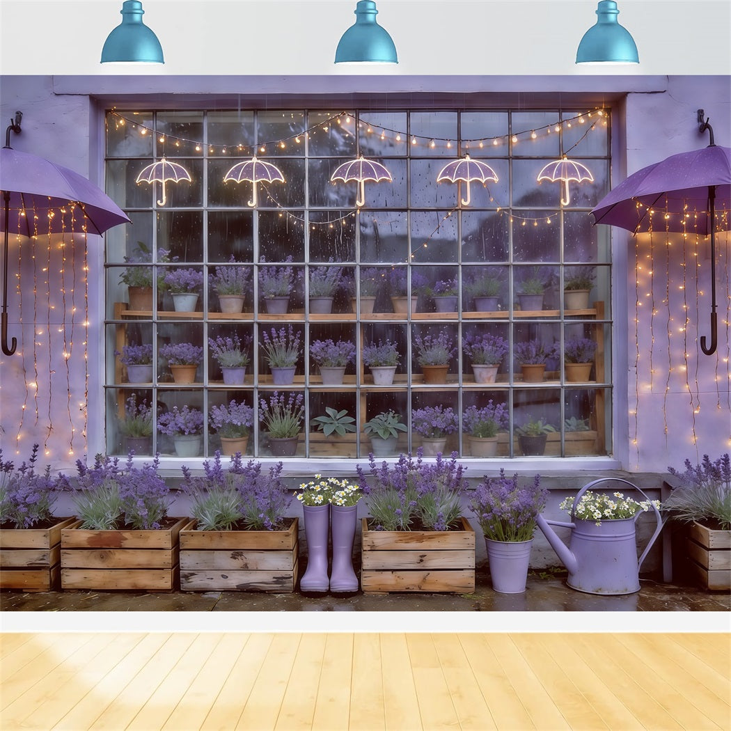 Frühlingsregenschirm und Gummistiefel-Hintergrund Lavendelgarten Fensterlichter Frühlingshintergrund CSH61-166