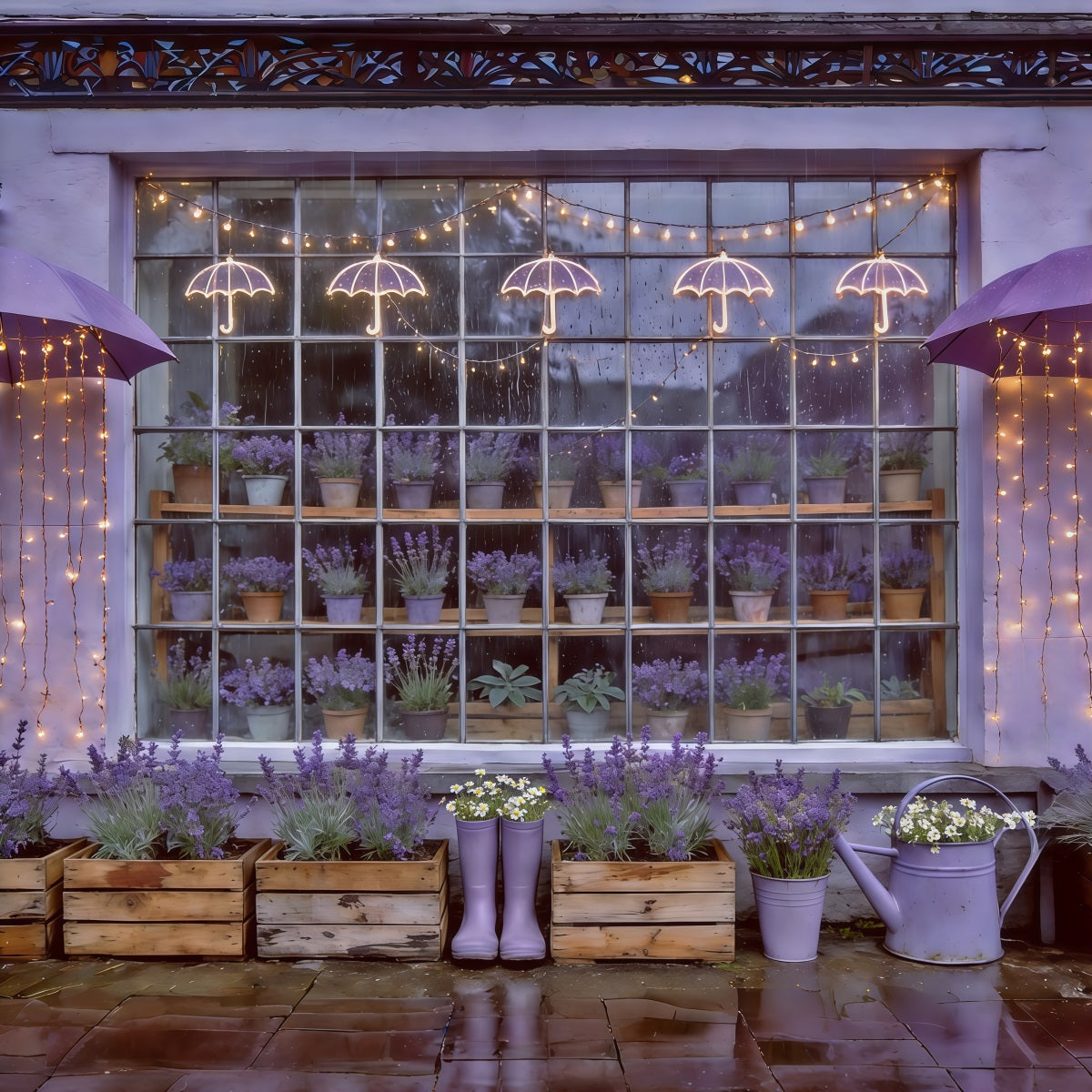 Frühlingsregenschirm und Gummistiefel-Hintergrund Lavendelgarten Fensterlichter Frühlingshintergrund CSH61-166