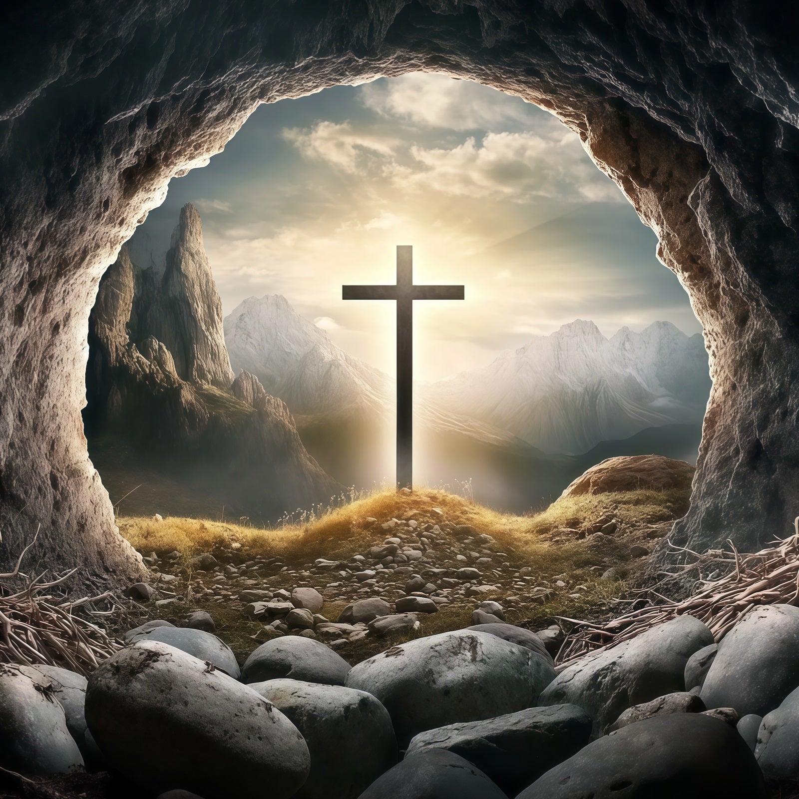 Christlicher Osterhintergrund Grab Horizont Kreuz Glanz Licht Osterhintergrund CSH61-20