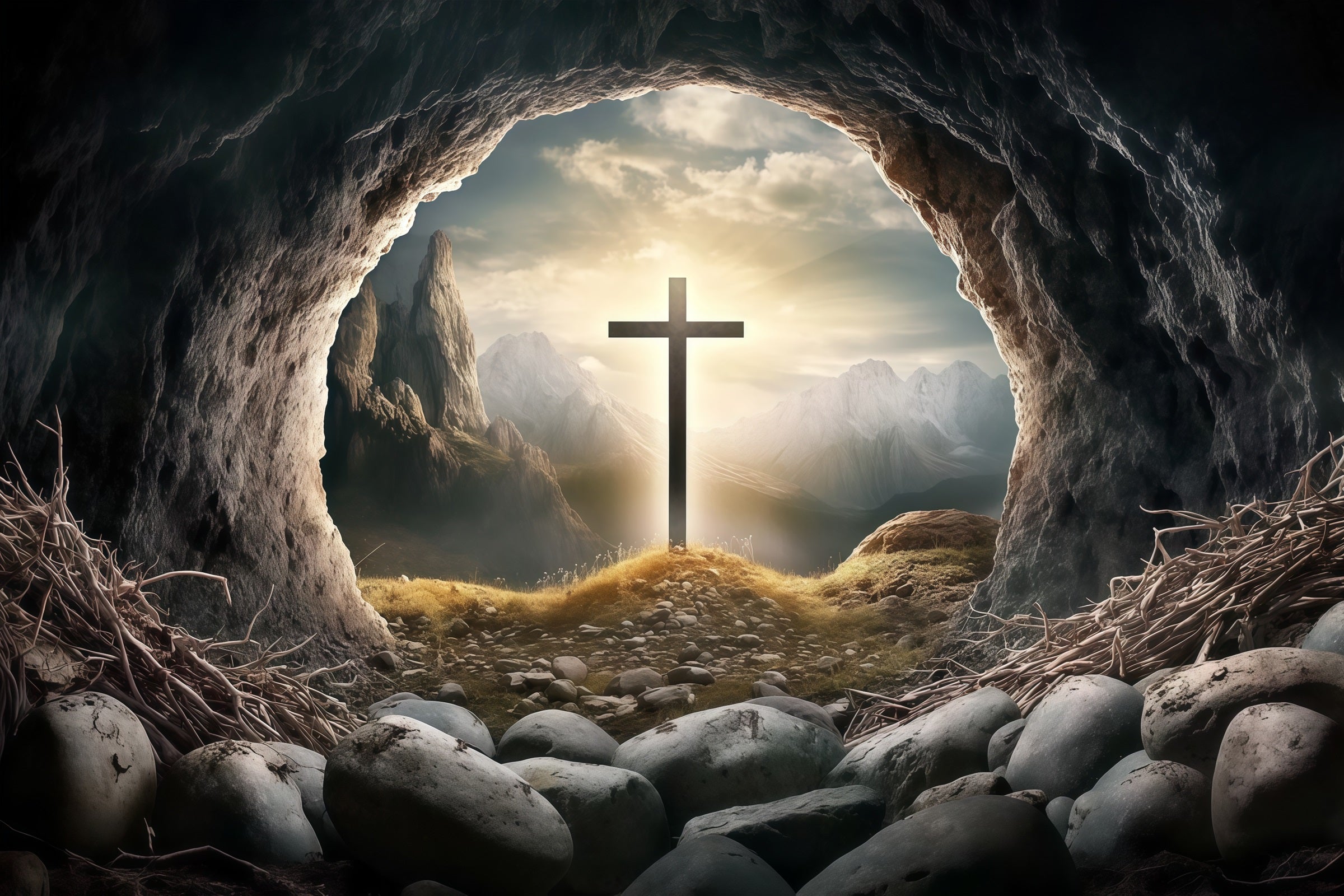 Christlicher Osterhintergrund Grab Horizont Kreuz Glanz Licht Osterhintergrund CSH61-20
