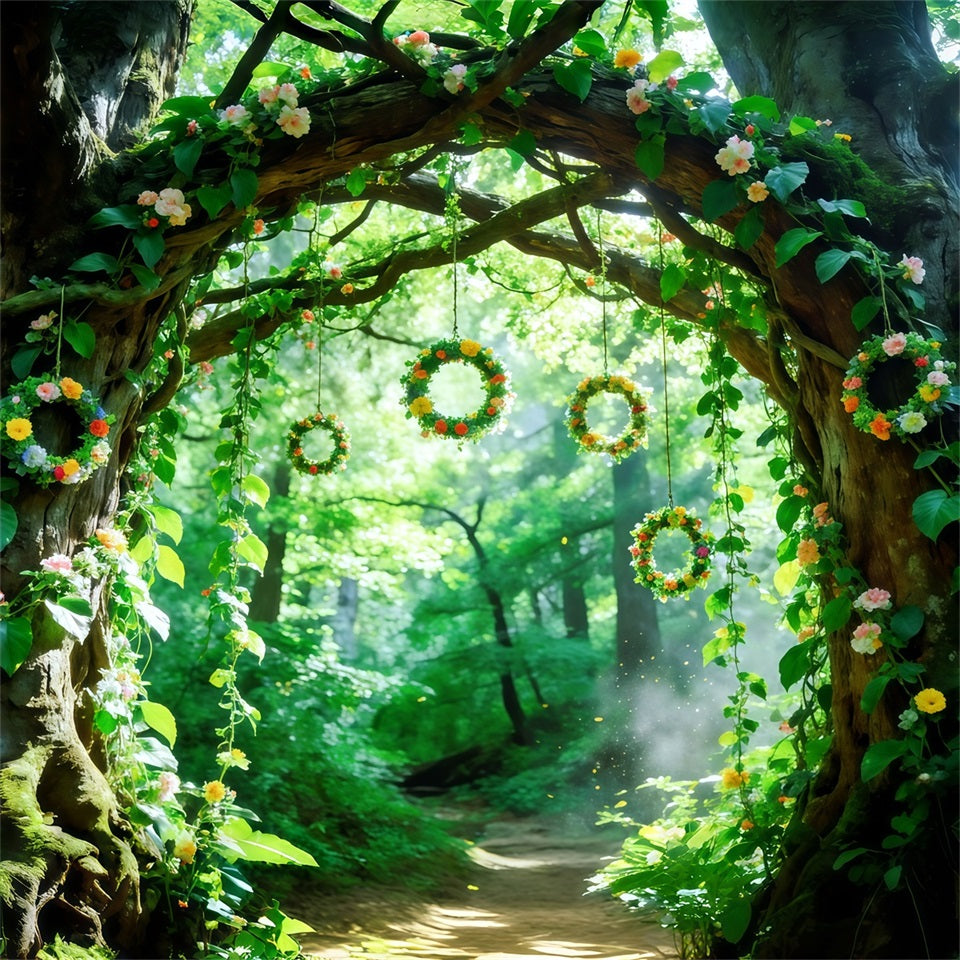 Grüner Waldhintergrund Blumenranken Baumbogen Waldhintergrund Fotografie CSH61-202