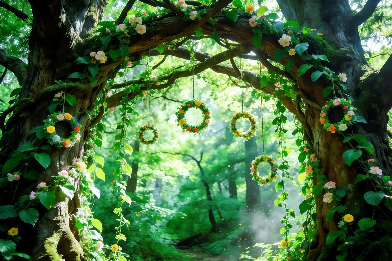 Grüner Waldhintergrund Blumenranken Baumbogen Waldhintergrund Fotografie CSH61-202